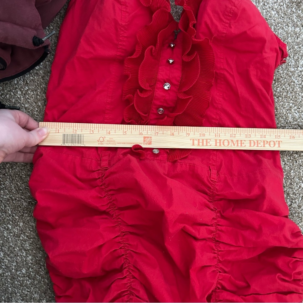 Red Ruffle Halter Mini Dress Ruched Bodycon Button Front - Picture 6 of 6